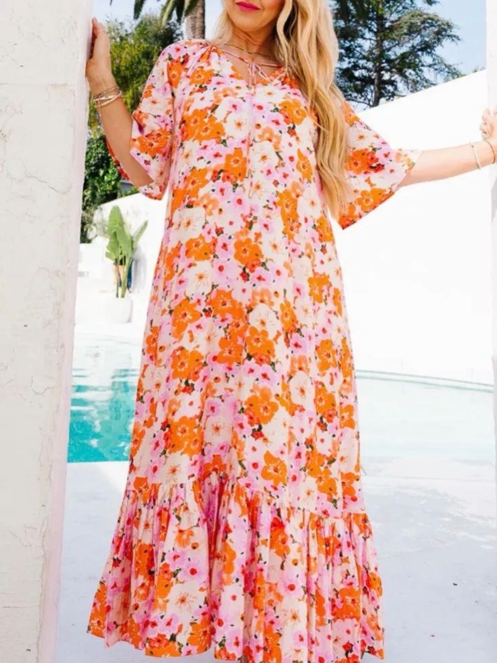 Ivy City Co Maxi Haven Floral Orange Dress Medium